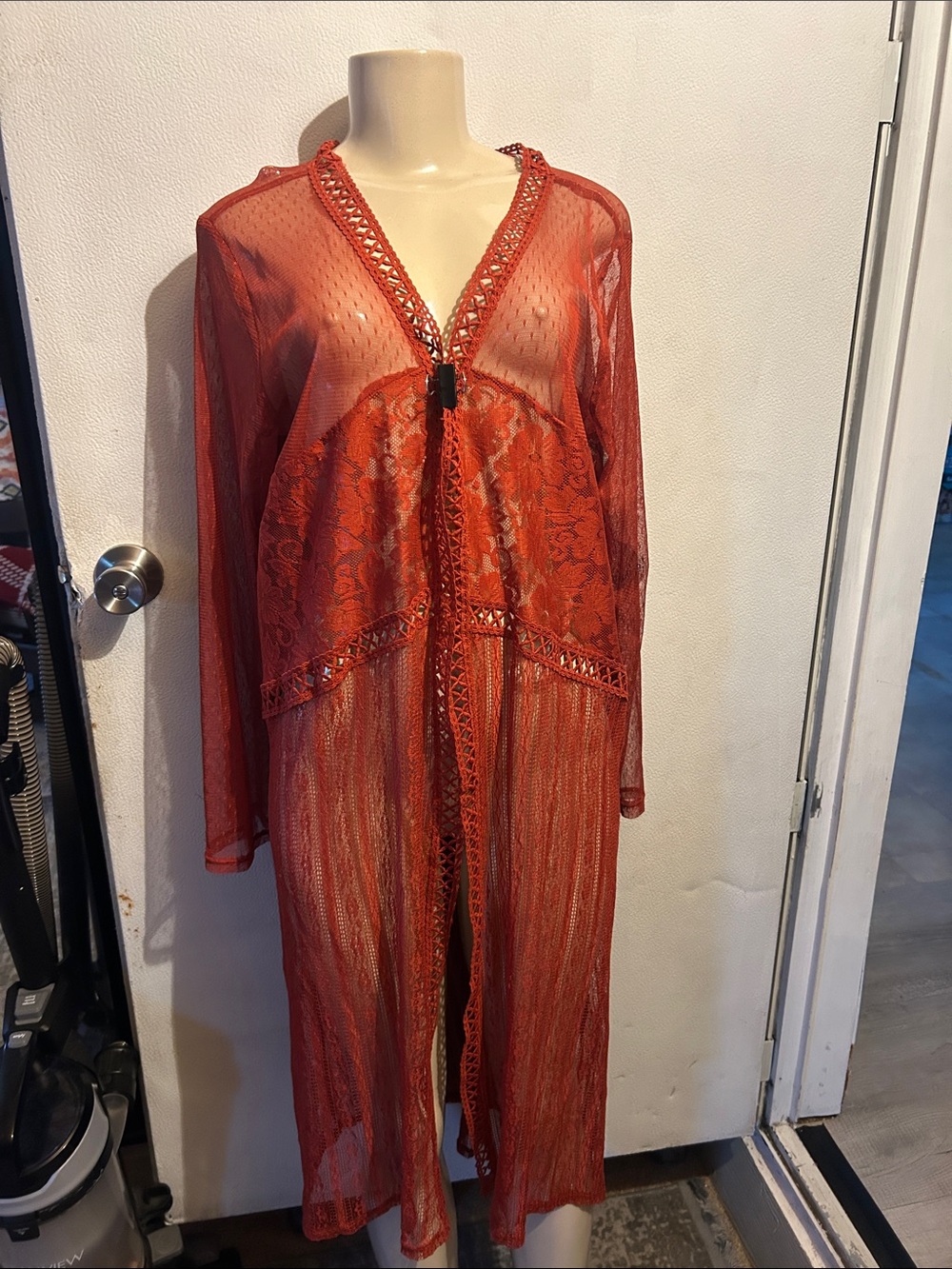 Sheer Lace Long Robe in Rust Red